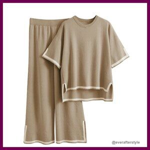 Knit Lounge Set Short Sleeve Pullover Wide Leg Pants Cozy Chic Loungewear